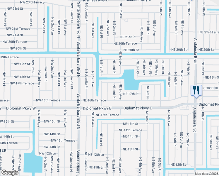 map of restaurants, bars, coffee shops, grocery stores, and more near 1718 Northeast 2nd Place in Cape Coral