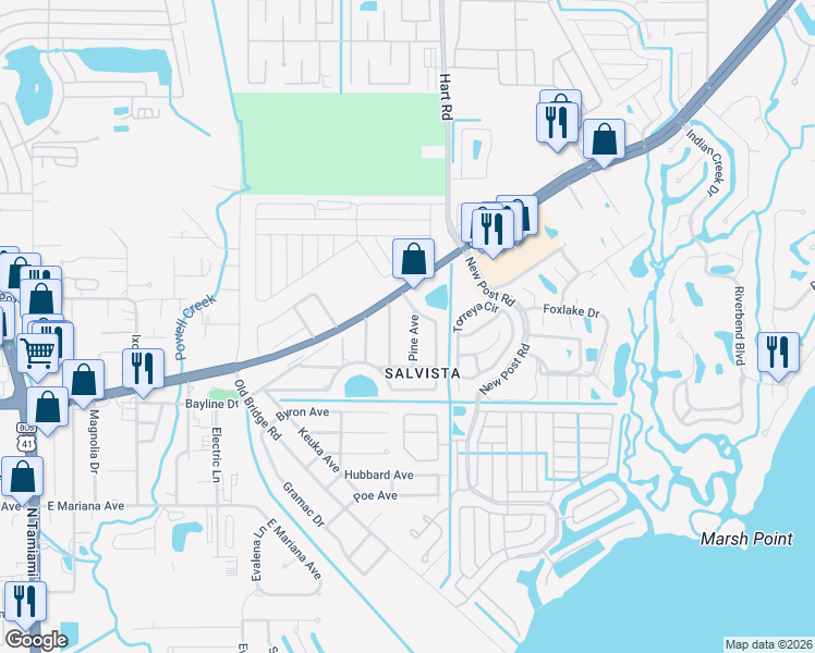 map of restaurants, bars, coffee shops, grocery stores, and more near 1391 Pine Avenue in North Fort Myers