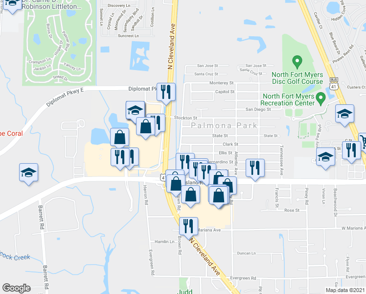 map of restaurants, bars, coffee shops, grocery stores, and more near 1781 Brown Road in North Fort Myers