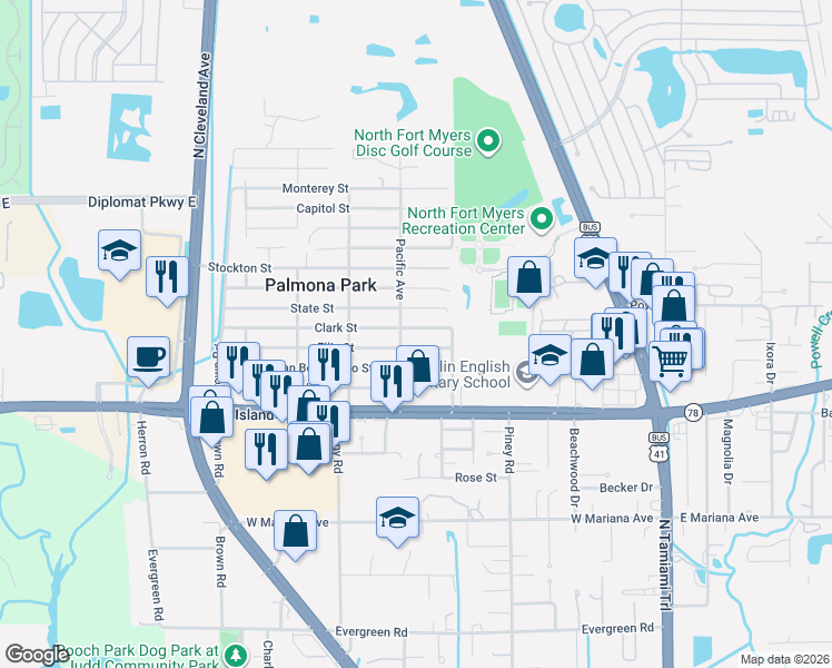 map of restaurants, bars, coffee shops, grocery stores, and more near 230 Clark Street in North Fort Myers