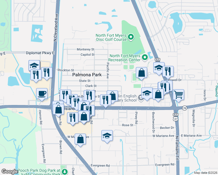 map of restaurants, bars, coffee shops, grocery stores, and more near 314 Clark Street in North Fort Myers