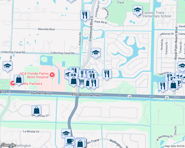 map of restaurants, bars, coffee shops, grocery stores, and more near 600 Crestwood Court North in Royal Palm Beach