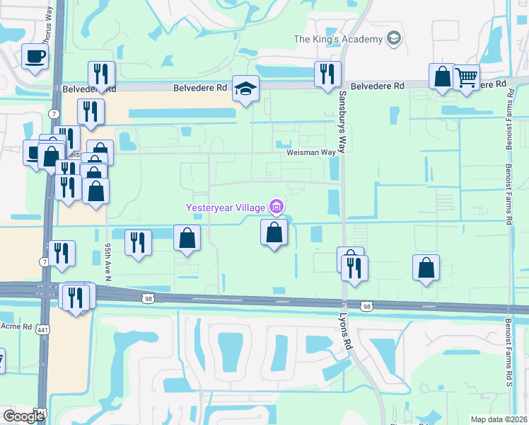 map of restaurants, bars, coffee shops, grocery stores, and more near 601 Sansburys Way in West Palm Beach
