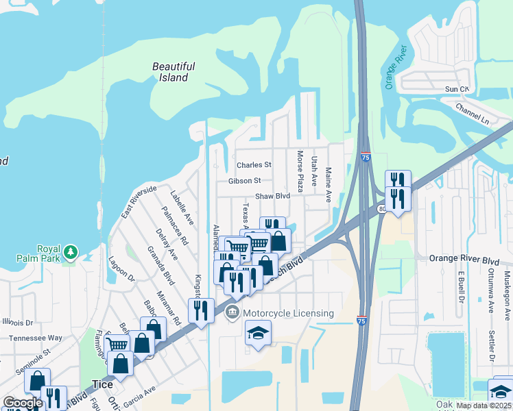 map of restaurants, bars, coffee shops, grocery stores, and more near 169 Vermont Avenue in Fort Myers