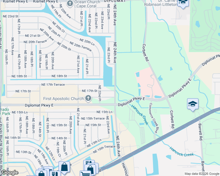 map of restaurants, bars, coffee shops, grocery stores, and more near 2325 Northeast 17th Street in Cape Coral