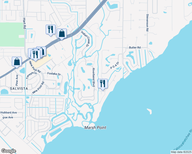 map of restaurants, bars, coffee shops, grocery stores, and more near 15160 Riverbend Boulevard in North Fort Myers