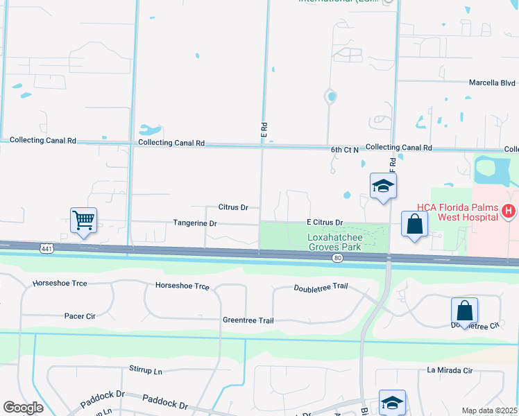 map of restaurants, bars, coffee shops, grocery stores, and more near 409 Citrus Drive in Loxahatchee Groves
