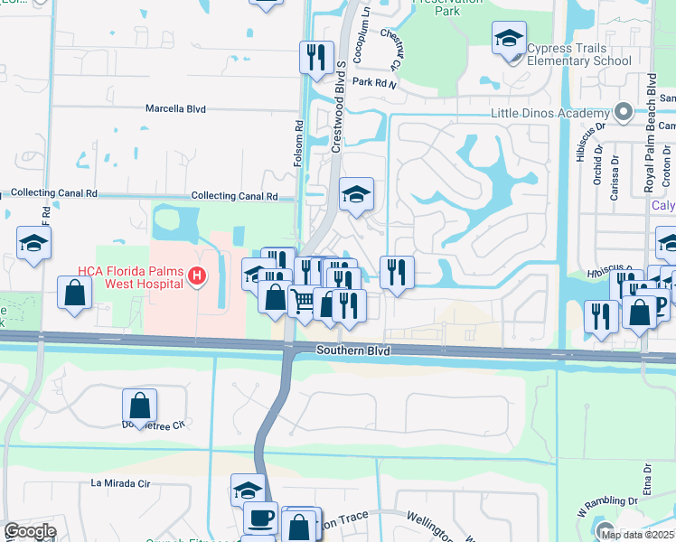 map of restaurants, bars, coffee shops, grocery stores, and more near 600 Crestwood Court North in Royal Palm Beach