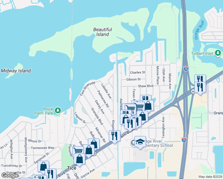 map of restaurants, bars, coffee shops, grocery stores, and more near 219 Labelle Avenue in Fort Myers
