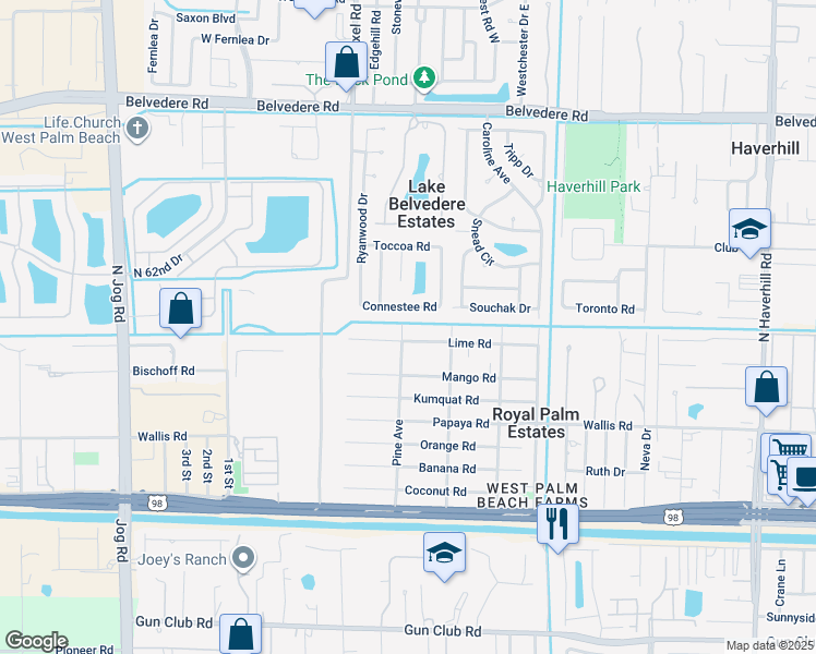map of restaurants, bars, coffee shops, grocery stores, and more near 479 Pine Avenue in West Palm Beach