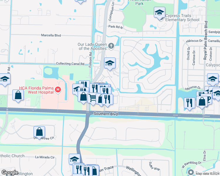 map of restaurants, bars, coffee shops, grocery stores, and more near 600 Crestwood Court North in Royal Palm Beach
