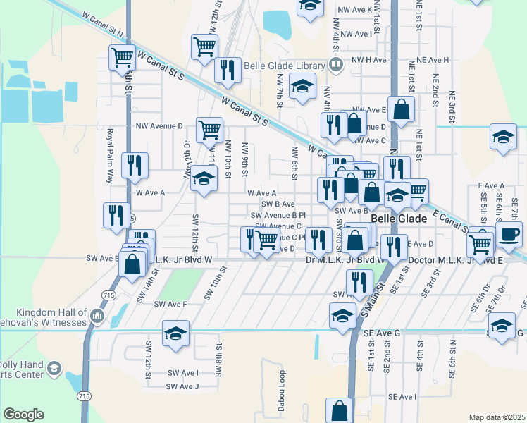 map of restaurants, bars, coffee shops, grocery stores, and more near 208 Southwest 8th Street in Belle Glade