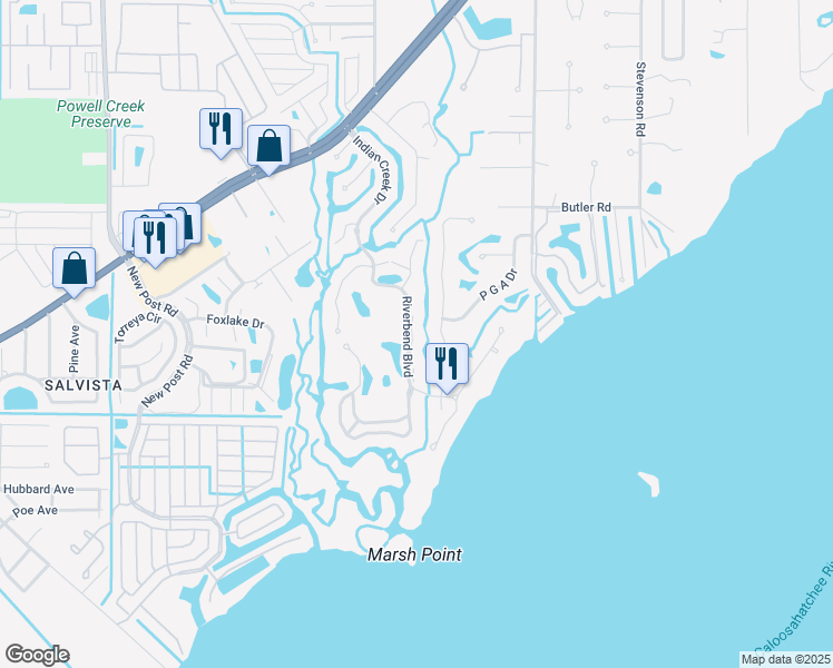 map of restaurants, bars, coffee shops, grocery stores, and more near 15180 Riverbend Boulevard in North Fort Myers