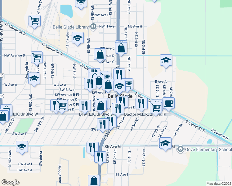 map of restaurants, bars, coffee shops, grocery stores, and more near 24 Southwest Avenue B in Belle Glade