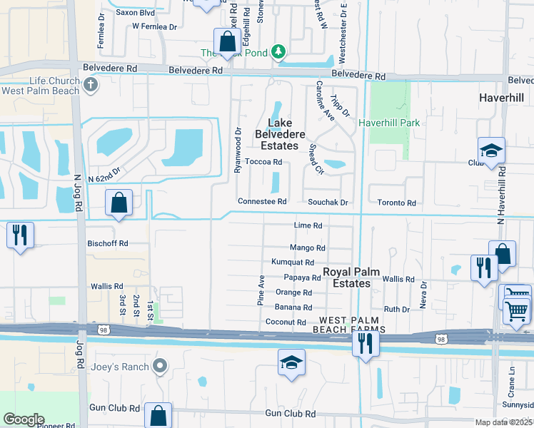 map of restaurants, bars, coffee shops, grocery stores, and more near 479 Pine Avenue in West Palm Beach
