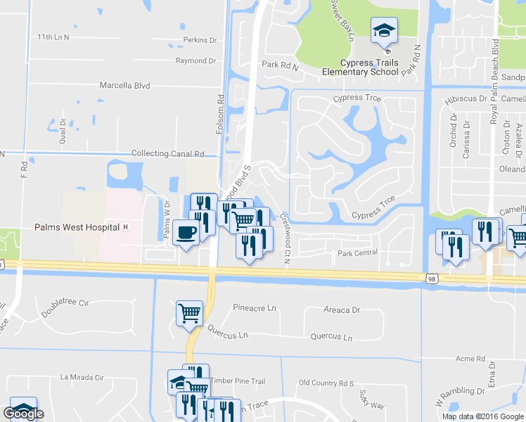 map of restaurants, bars, coffee shops, grocery stores, and more near 1300 Crestwood Court South in West Palm Beach
