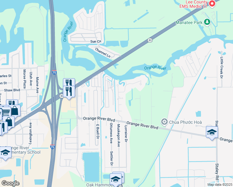 map of restaurants, bars, coffee shops, grocery stores, and more near 1521 Sunkist Way in Fort Myers