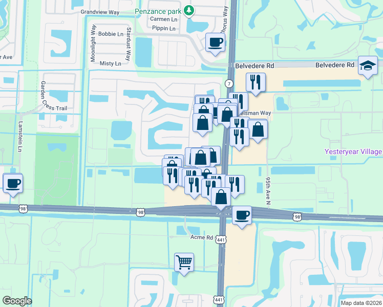 map of restaurants, bars, coffee shops, grocery stores, and more near 134 Bella Vista Way in Royal Palm Beach