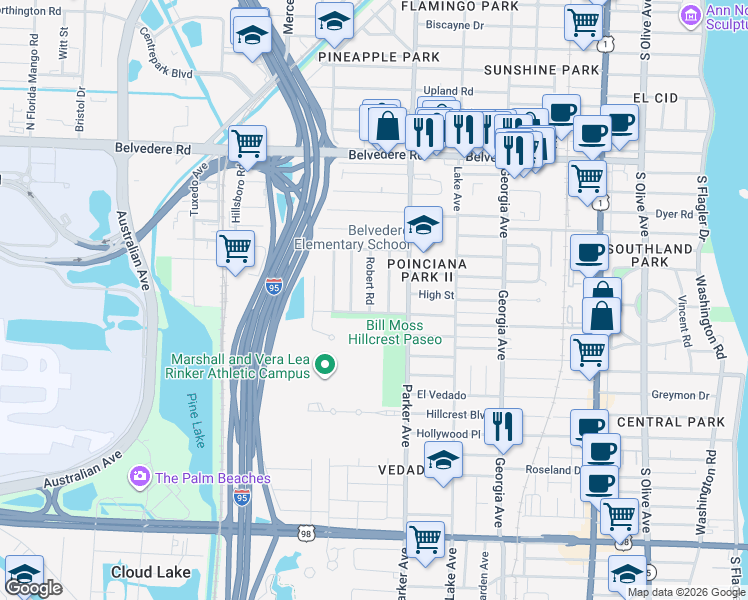 map of restaurants, bars, coffee shops, grocery stores, and more near 3104 Robert Road in West Palm Beach