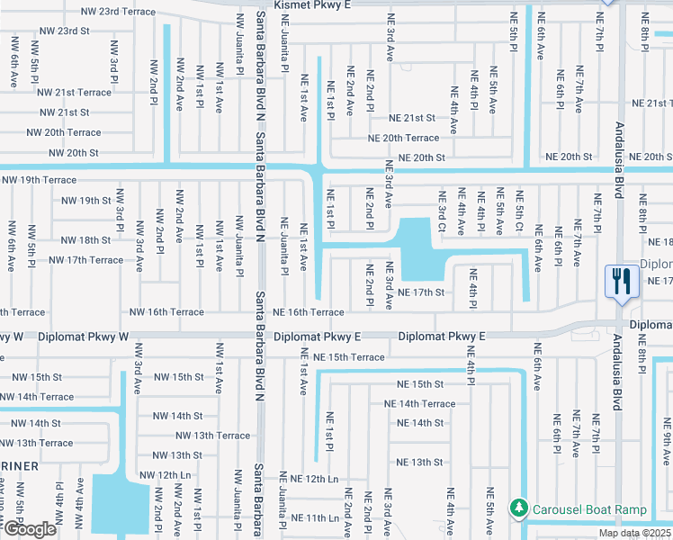 map of restaurants, bars, coffee shops, grocery stores, and more near 1719 Northeast 1st Place in Cape Coral