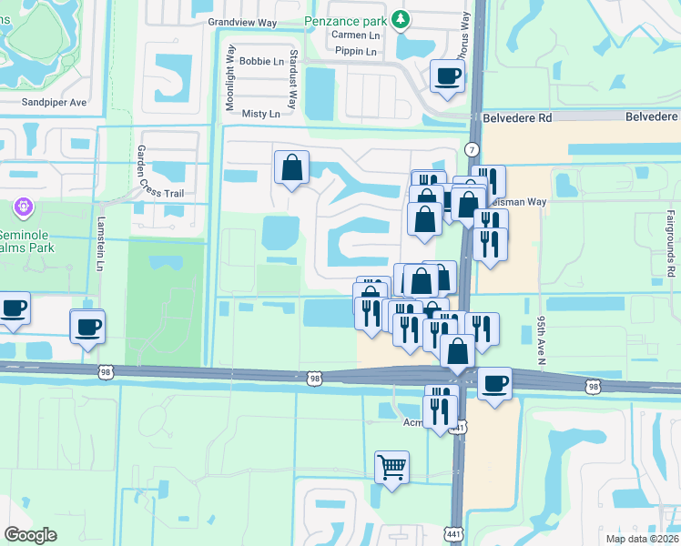 map of restaurants, bars, coffee shops, grocery stores, and more near 163 Bella Vista Way in Royal Palm Beach