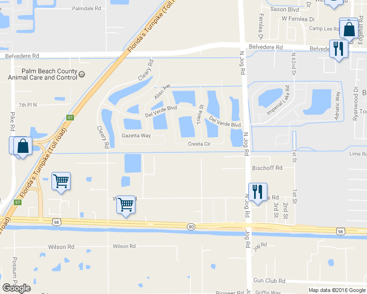 map of restaurants, bars, coffee shops, grocery stores, and more near 635 Cresta Circle in West Palm Beach