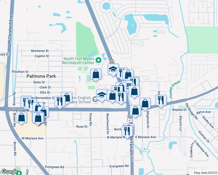 map of restaurants, bars, coffee shops, grocery stores, and more near 39 B Street in North Fort Myers