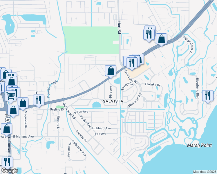 map of restaurants, bars, coffee shops, grocery stores, and more near 1391 Pine Ave in North Fort Myers