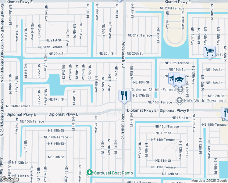 map of restaurants, bars, coffee shops, grocery stores, and more near 1712 NE 7th Pl in Cape Coral