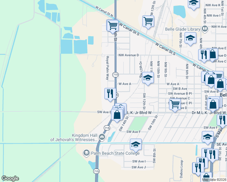 map of restaurants, bars, coffee shops, grocery stores, and more near 134 Southwest 16th Street in Belle Glade