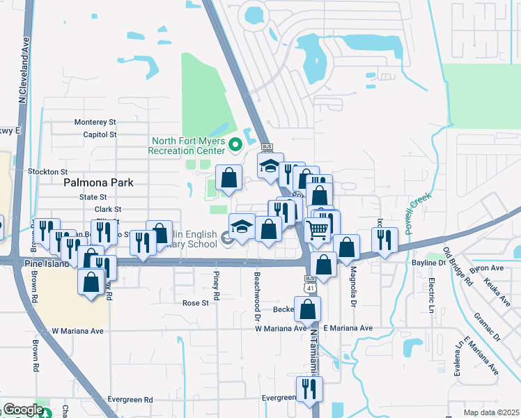 map of restaurants, bars, coffee shops, grocery stores, and more near 39 B Street in North Fort Myers