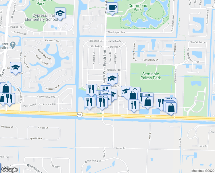 map of restaurants, bars, coffee shops, grocery stores, and more near 611 Camellia Drive in Royal Palm Beach