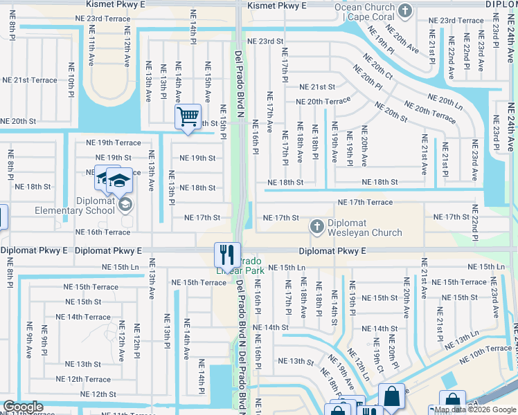 map of restaurants, bars, coffee shops, grocery stores, and more near 1616 Northeast 17th Terrace in Cape Coral