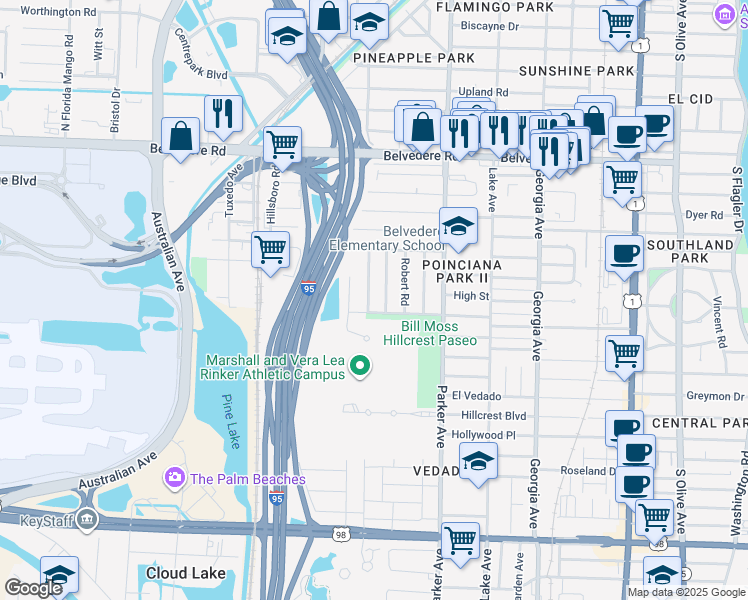map of restaurants, bars, coffee shops, grocery stores, and more near 3104 Ridgeway Avenue in West Palm Beach