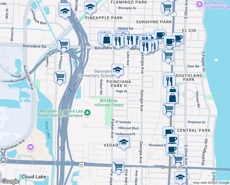 map of restaurants, bars, coffee shops, grocery stores, and more near 844 High Street in West Palm Beach