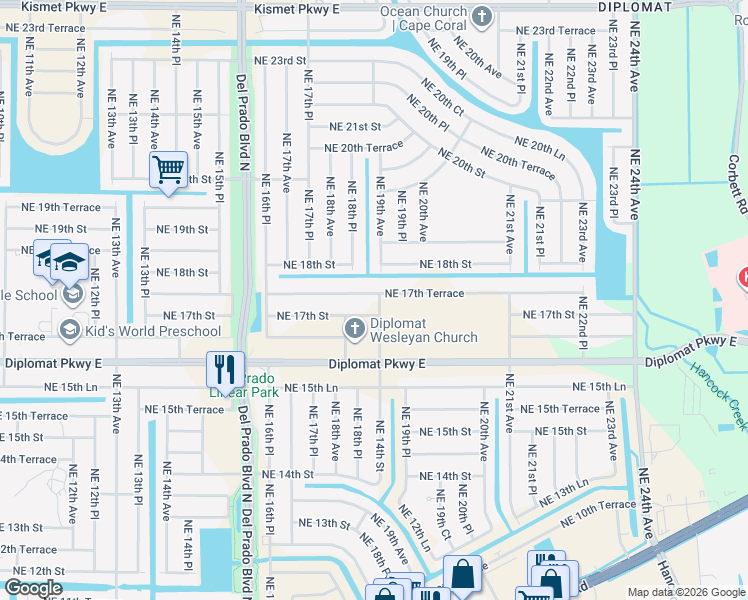 map of restaurants, bars, coffee shops, grocery stores, and more near 1830 Northeast 17th Terrace in Cape Coral