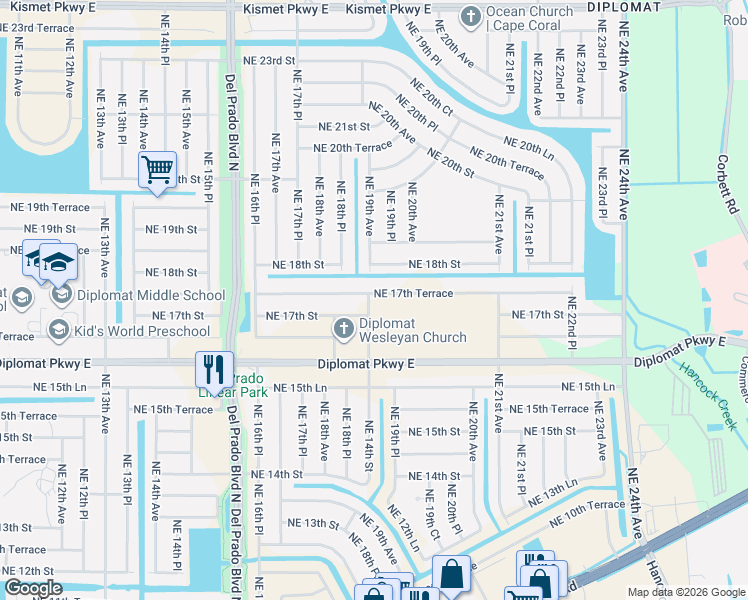 map of restaurants, bars, coffee shops, grocery stores, and more near 1830 Northeast 17th Terrace in Cape Coral