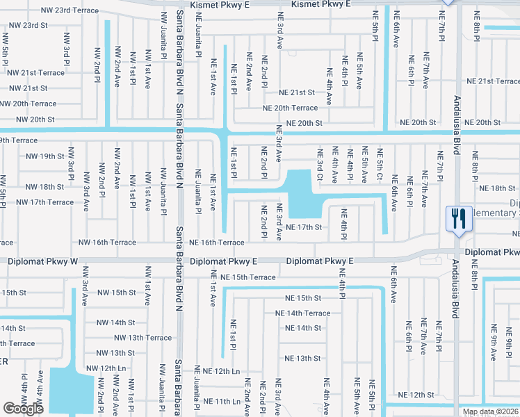 map of restaurants, bars, coffee shops, grocery stores, and more near 1718 Northeast 2nd Place in Cape Coral