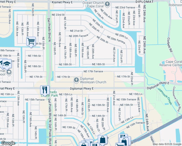 map of restaurants, bars, coffee shops, grocery stores, and more near 1924 Northeast 17th Terrace in Cape Coral