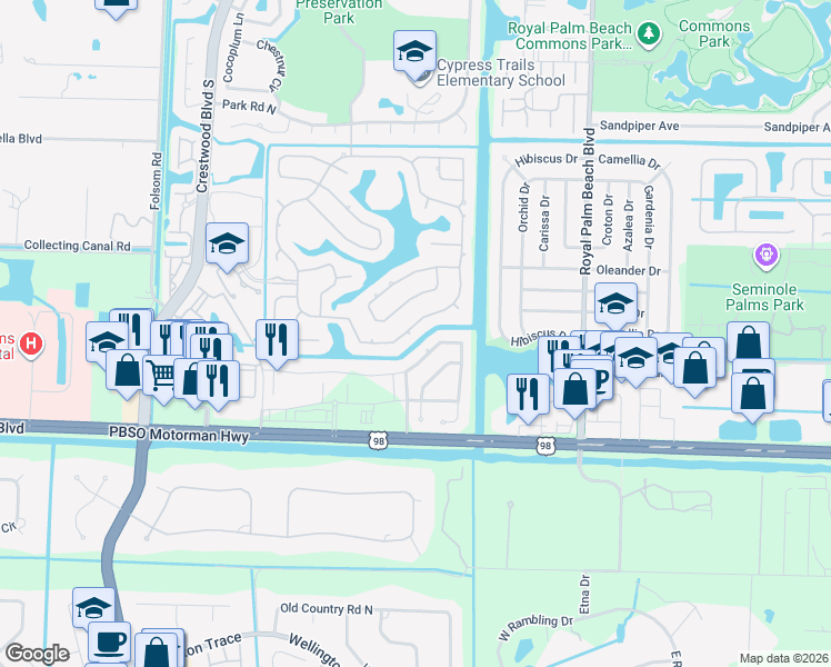 map of restaurants, bars, coffee shops, grocery stores, and more near 150 Cypress Trce in Royal Palm Beach