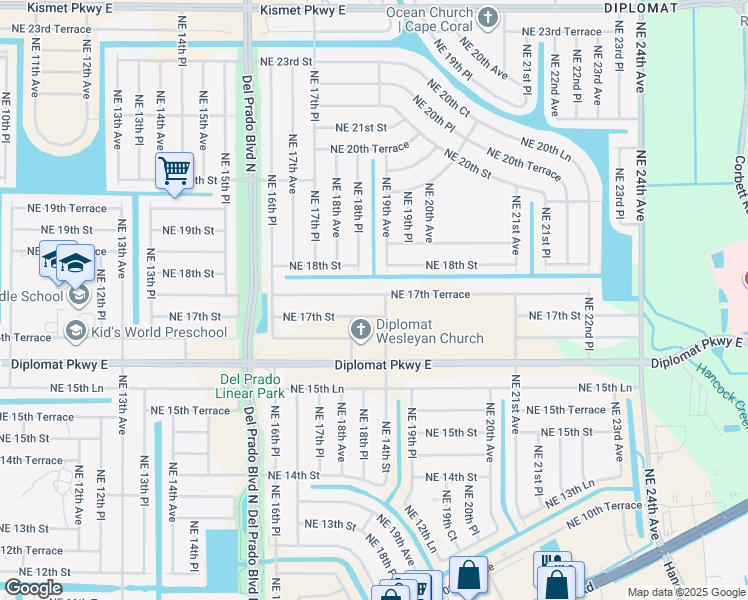 map of restaurants, bars, coffee shops, grocery stores, and more near 1830 Northeast 17th Terrace in Cape Coral