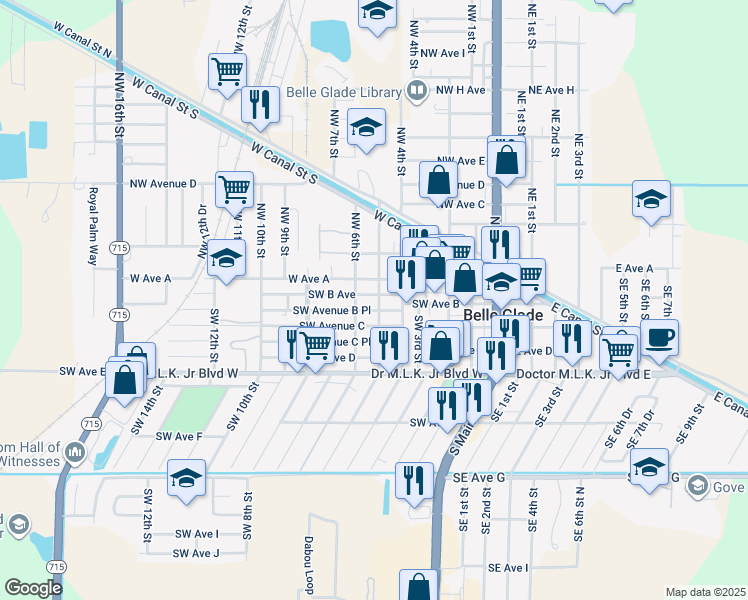 map of restaurants, bars, coffee shops, grocery stores, and more near 200 Southwest 5th Street in Belle Glade