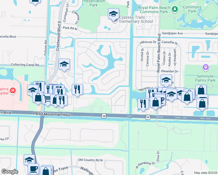 map of restaurants, bars, coffee shops, grocery stores, and more near 150 Cypress Trce in Royal Palm Beach