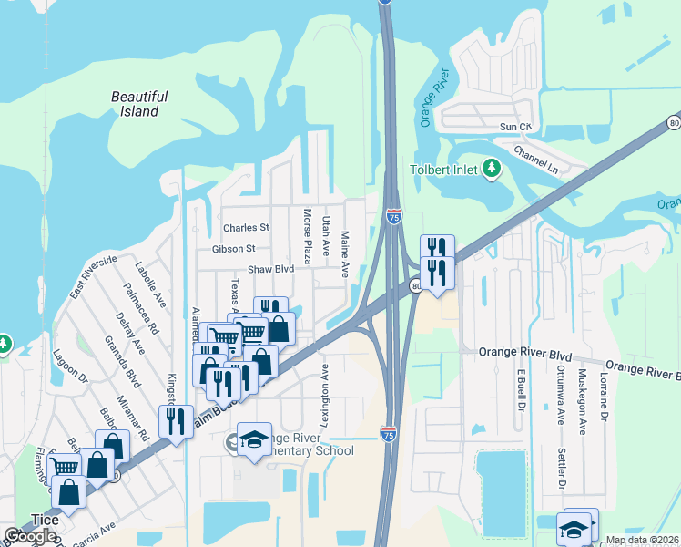 map of restaurants, bars, coffee shops, grocery stores, and more near 320 Shaw Boulevard in Fort Myers