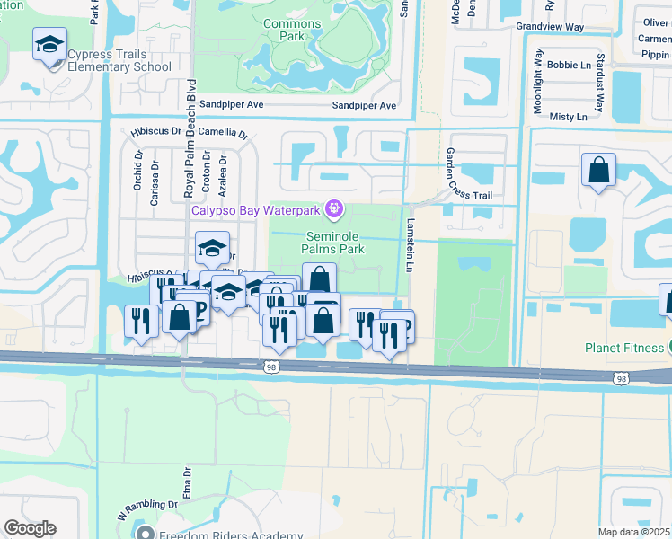 map of restaurants, bars, coffee shops, grocery stores, and more near 151 Lamstein Lane in Royal Palm Beach