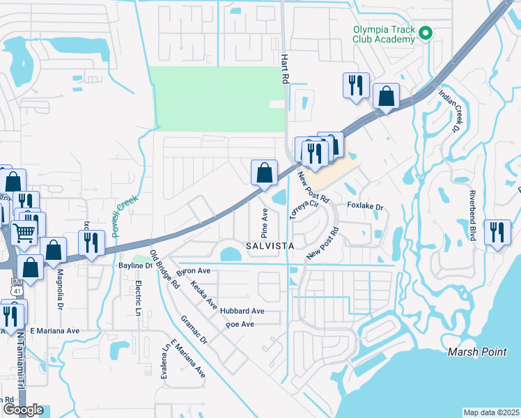 map of restaurants, bars, coffee shops, grocery stores, and more near 1393 Pine Avenue in North Fort Myers