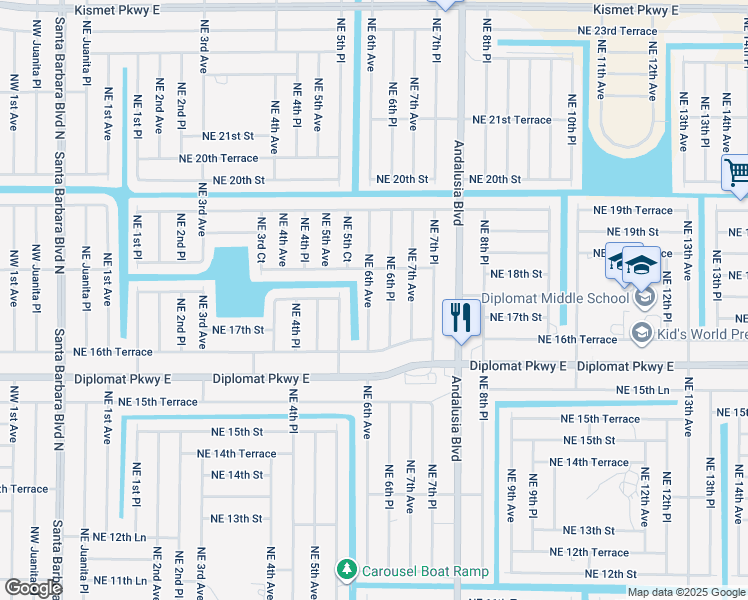 map of restaurants, bars, coffee shops, grocery stores, and more near 1719 Northeast 6th Avenue in Cape Coral