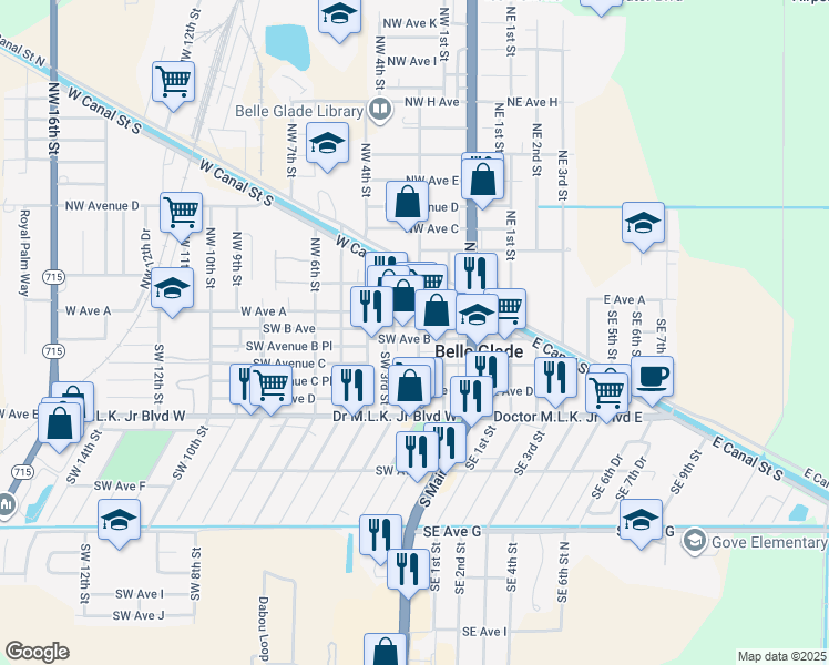 map of restaurants, bars, coffee shops, grocery stores, and more near 201 Southwest Avenue B in Belle Glade