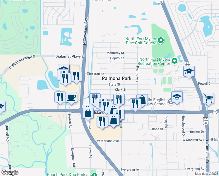 map of restaurants, bars, coffee shops, grocery stores, and more near 456 Clark Street in North Fort Myers