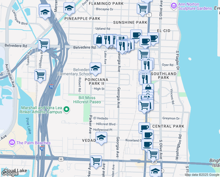 map of restaurants, bars, coffee shops, grocery stores, and more near 721 High Street in West Palm Beach